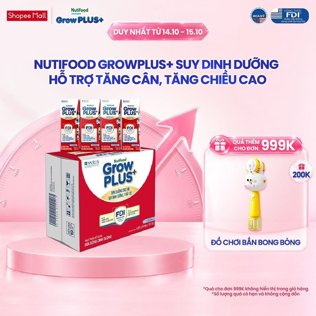 Thùng 24 hộp SBPS Nutifood GrowPLUS+ Suy Dinh Dưỡng (Đỏ) Ít đường 180ml - Tăng Cân, Tăng Chiều Cao (Bao bì tùy lô hàng)