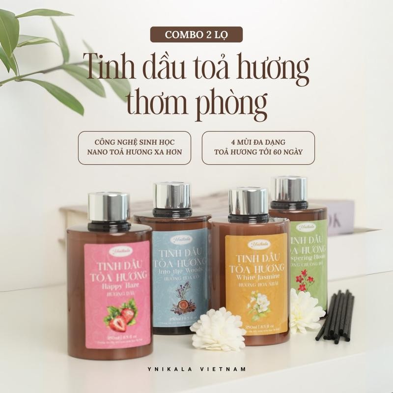 Combo 2 tinh dầu toả hương dịu nhẹ bản mới Ynikala 250ml có kèm que khuếch tán