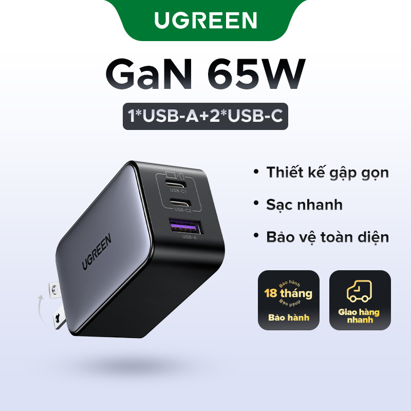 Bộ sạc USB C UGREEN 65W Khối nhanh Nexode CD244