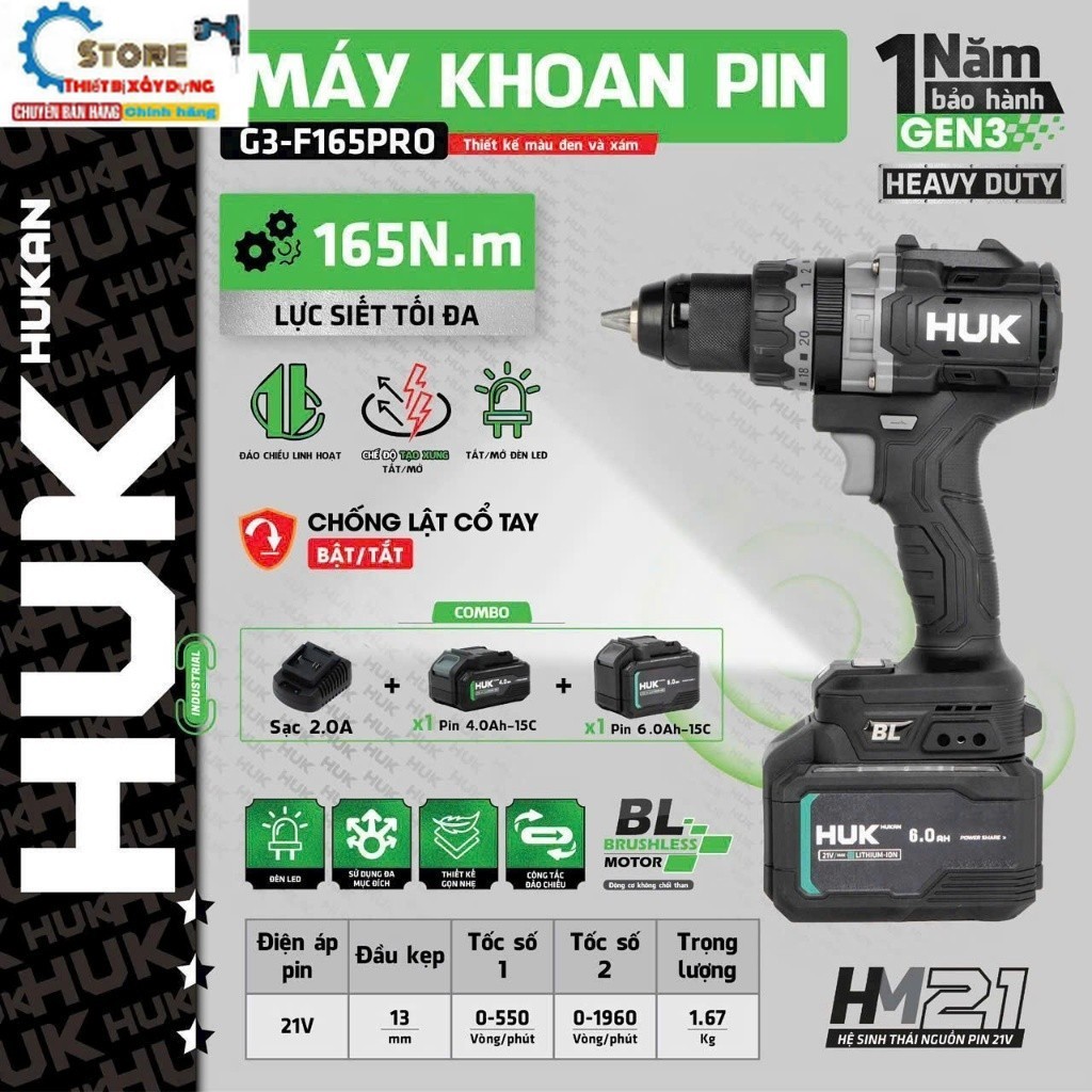 Hỏa Tốc Máy khoan pin HUKAN G3-F165PRO Lực Siết:165N.m,Có Tính Năng Anti Kickback, Store thiết bị