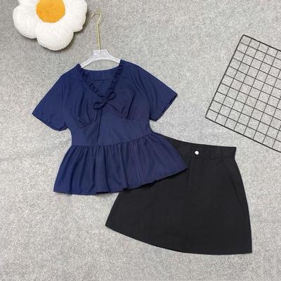 Set Thiết Kế Bigsize Nữ Gồm Áo Kiểu Babydoll Cổ Tim Bèo Dáng Peplum Phối Chân Váy Chữ A A315+CV11