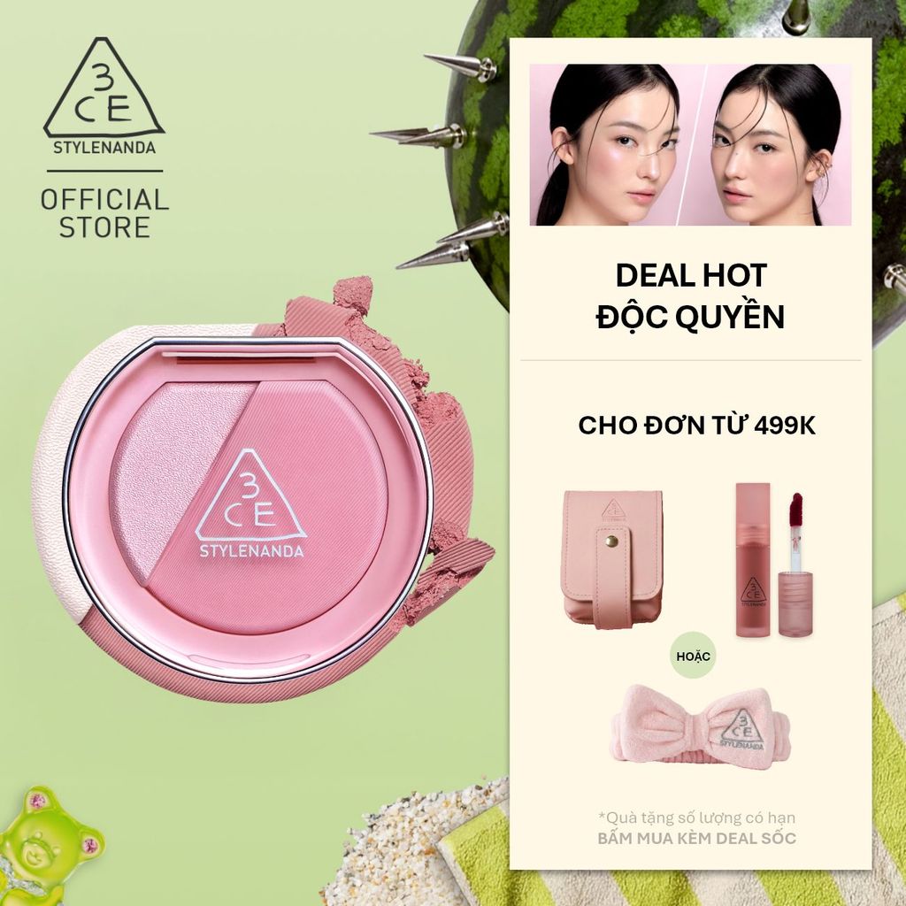 Phấn Má Hồng Bắt Sáng 3CE Blushlighter 2-Trong-1 Đa Năng, Dễ Tán, Tệp Da, Lâu Trôi, Rạng Rỡ Suốt Ngày Dài