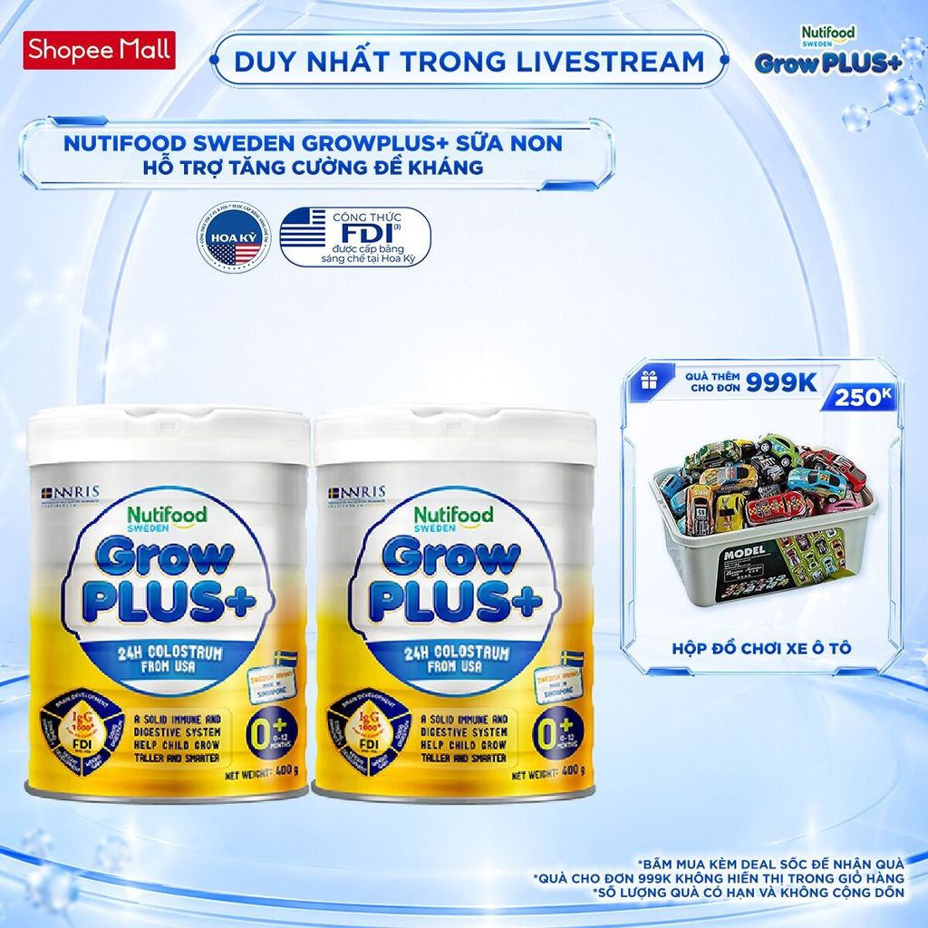 Combo 2 Sữa bột Nutifood GrowPLUS+ Vàng (Sữa Non Tăng Đề Kháng) 0-12 tháng (400g/Lon)