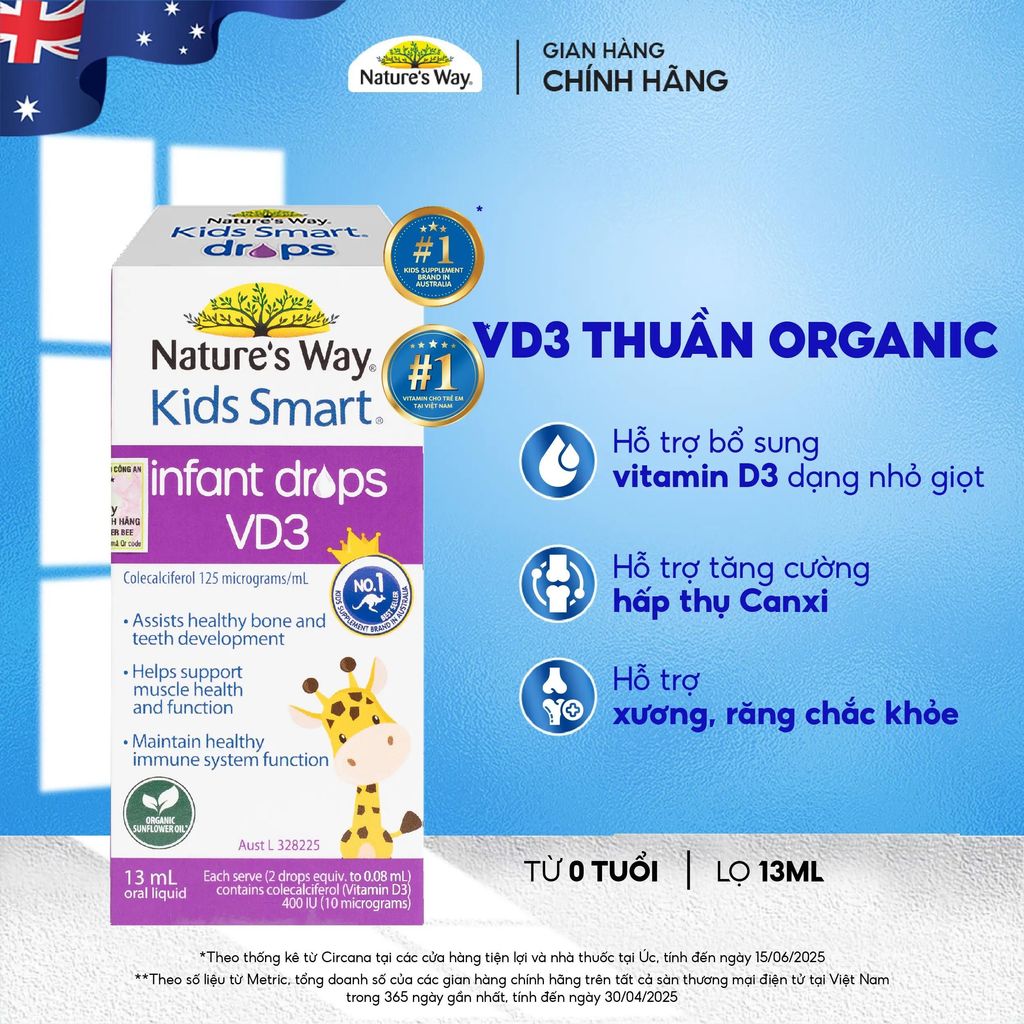 Vitamin D3 D3K2 Nature's Way Kids Smart Úc Cho Bé D3 Nhỏ Giọt Hỗ Trợ Hấp Thu Canxi Phát Triển Xương