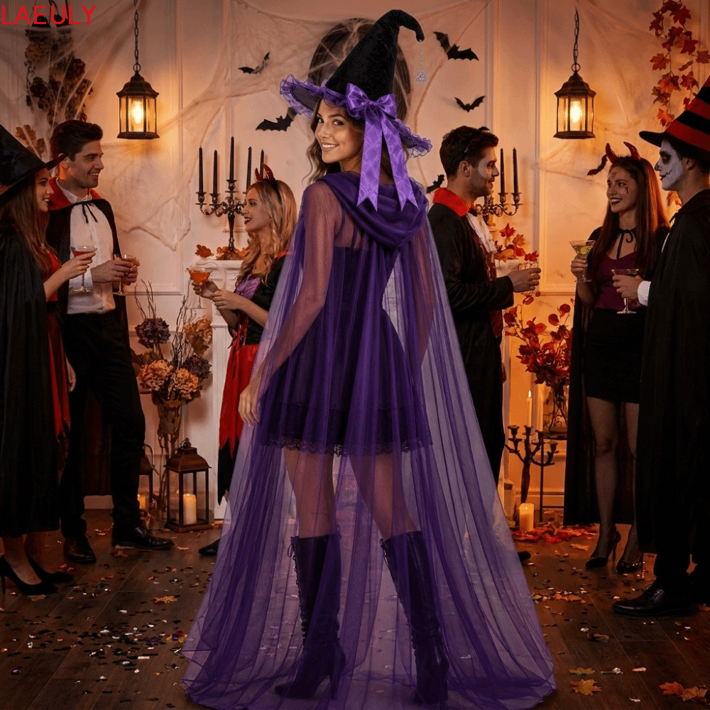 LAEULY Halloween Mũ Phù Thủy Bộ Áo Khoác, Nhập Vai Có Mũ Lưới Mũ Phù Thủy Có Mũ Trùm Đầu Áo Khoác, S