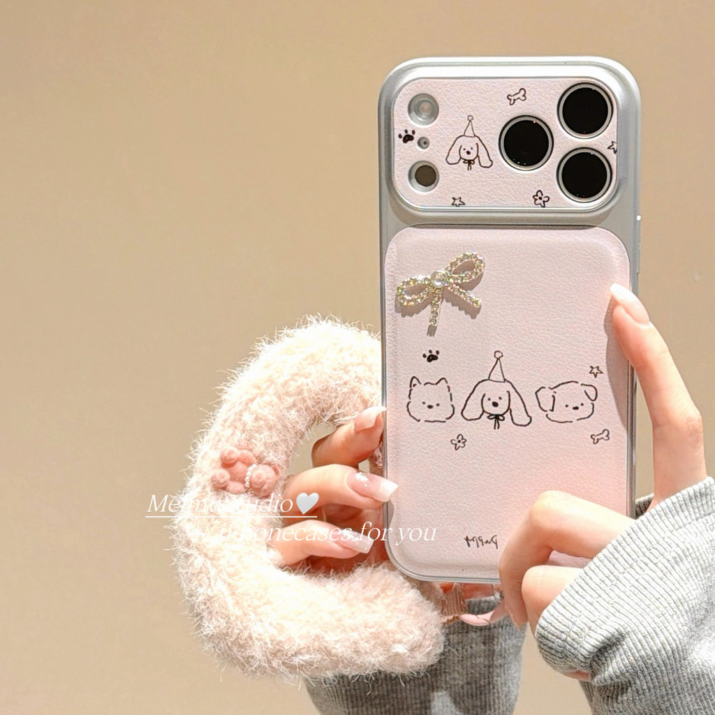 Meimu Sweet ins Pink Dog Nơ Ba Chiều Thích Hợp Cho Apple 17 Vỏ Điện Thoại iphone16promax Phong Cách 