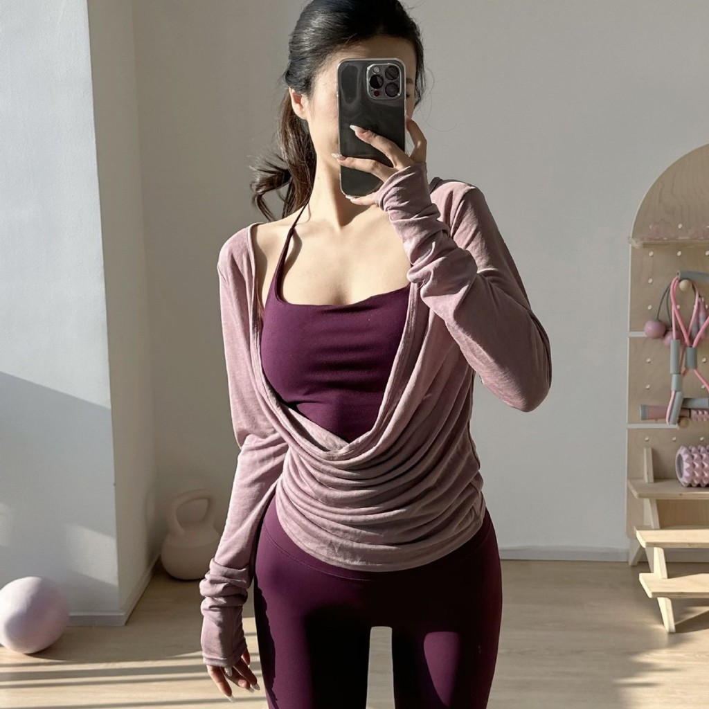 Bộ đồ tập Yoga nữ, bộ đồ tập Pilates, áo thể thao dài tay có lớp lót ngực, áo vest tập thể dục cổ ha