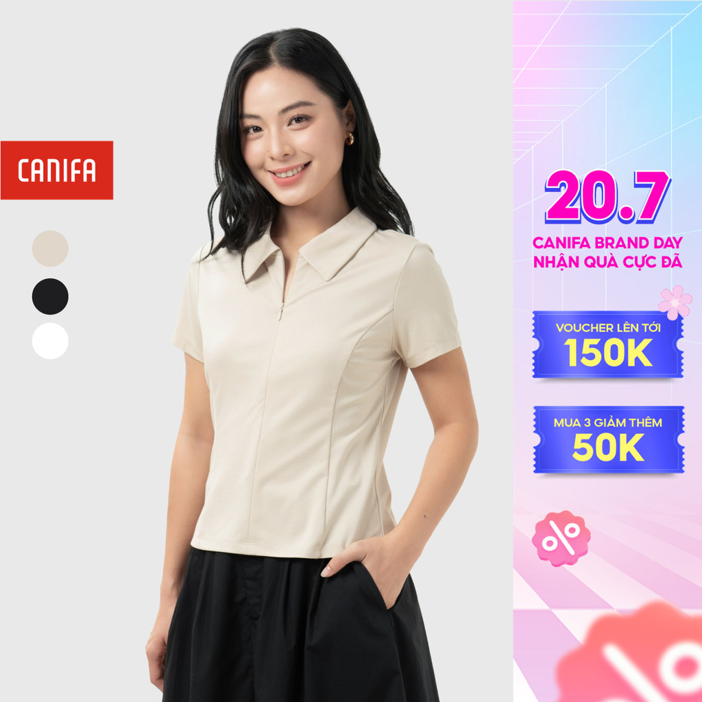 Áo Polo nữ cổ bẻ khóa kéo cộc tay dáng ôm chất liệu mềm mịn cao cấp CANIFA 6TP26S004