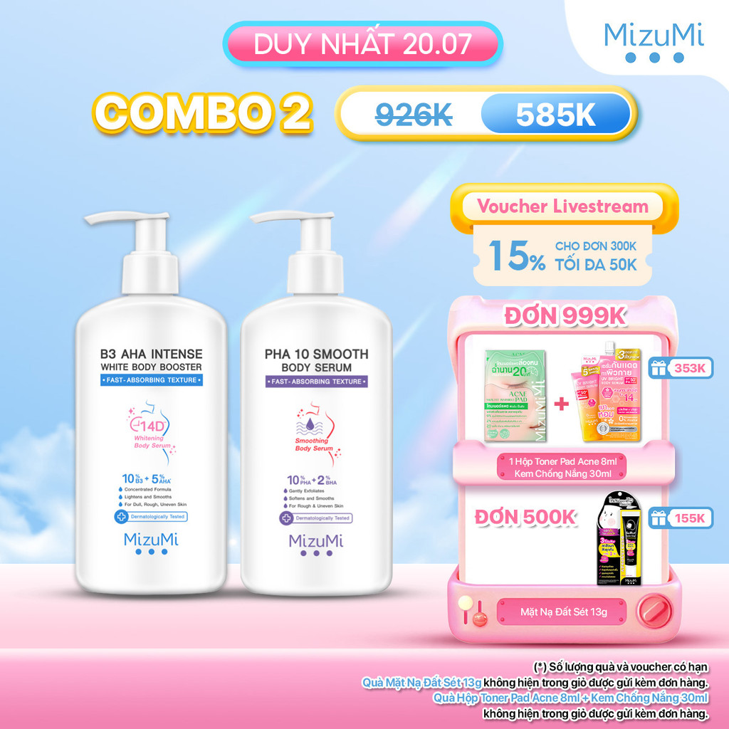 Combo Dưỡng thể Mizumi PHA 10 Smooth 250ml và Dưỡng thể Mizumi B3 AHA Dưỡng Trắng Da Cao Cấp 250g