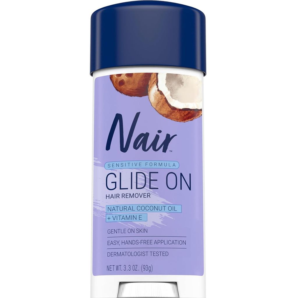 Nair Sensitive Formula Glide On, Kem tẩy lông rảnh tay với dầu dừa và Vitamin E cho cơ thể, 3,3 oz