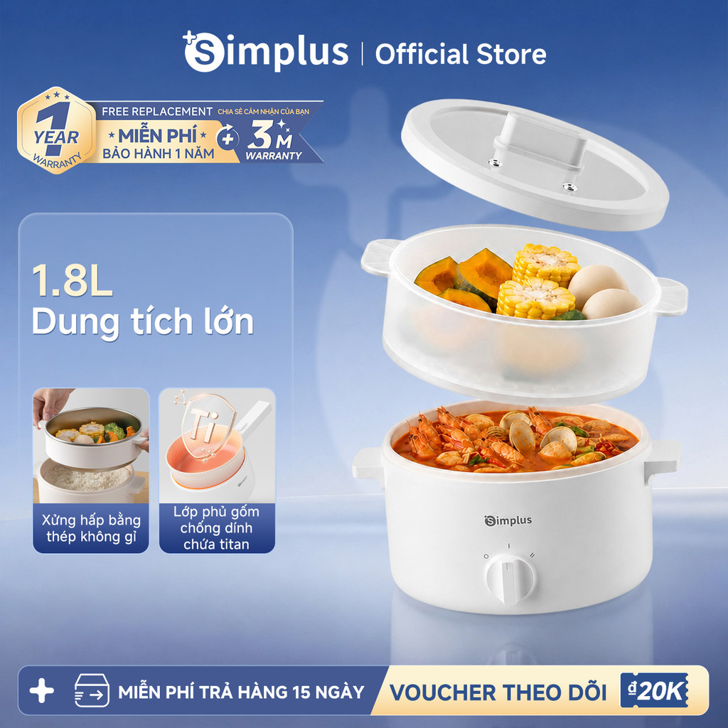 Simplus Nồi Lẩu Điện Có Xửng Hấp Dung Tích 1.8L/3L DZGH013/10 - Bảo Hành 1 Năm 1 Đổi 1