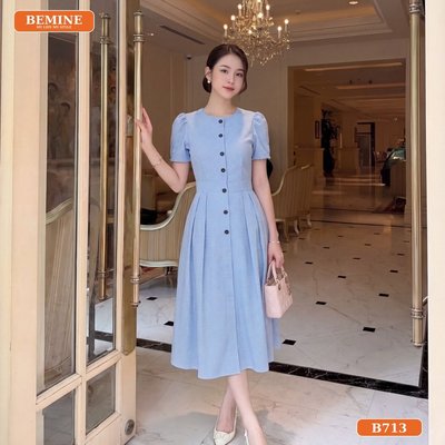Đầm thiết kế BEMINE cổ tròn đính cúc họa tiết caro dáng chữ A phù hợp đi chơi-B713