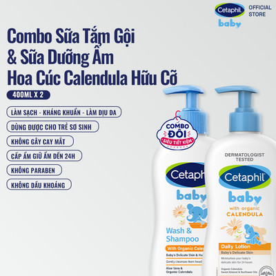 Combo Sữa tắm gội + Sữa dưỡng ẩm dịu lành cho bé Cetaphil Baby với Calendula hoa cúc hữu cơ 400ml/chai