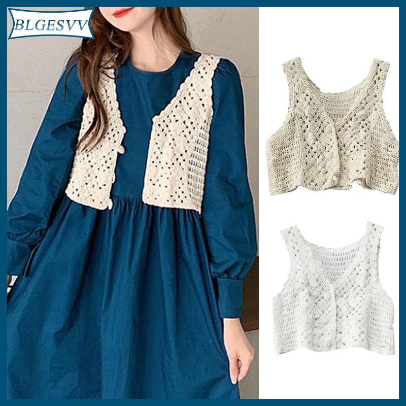 Blg Nữ Móc Đan Áo Crop Không Tay Hoa Ren Nút Áo Khoác Cho Jac