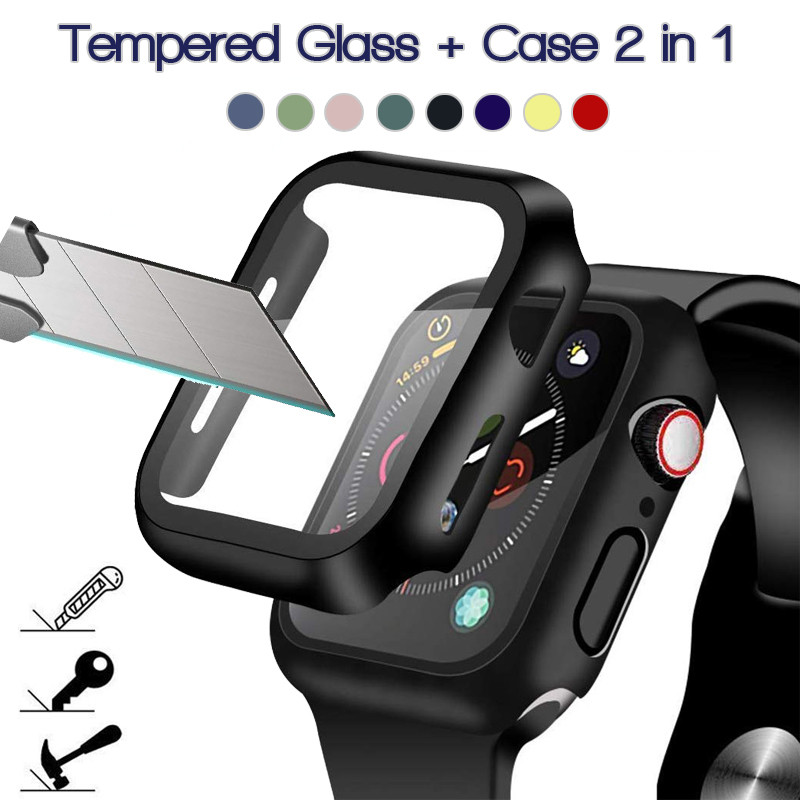 Ốp PC + Kính Cường Lực Cho Apple Watch Series 7 8 9 45MM 41MM Phụ Kiện Đồng Hồ Thông Minh Bảo Vệ Màn