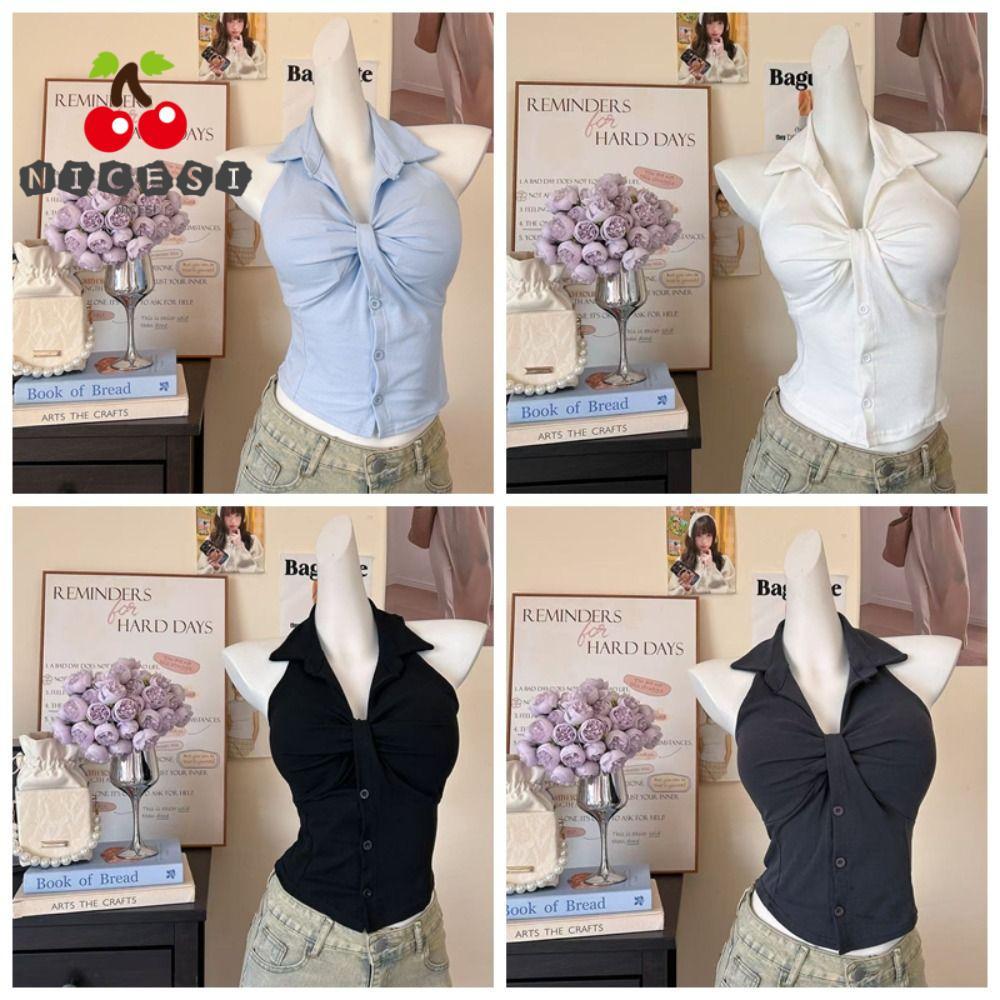 NICESI Twist Neck Tank Top, Cotton Front Twist Collar Áo không tay, Thời trang Không tay Slim Fit Cu