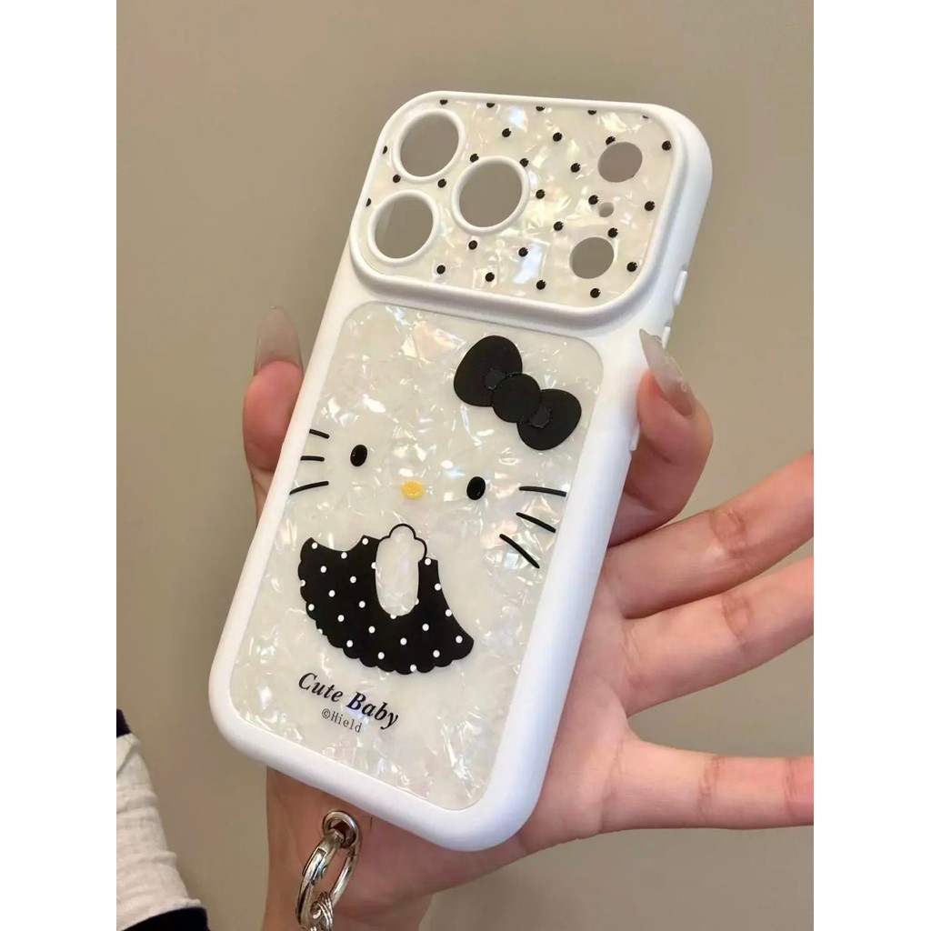 Ốp Điện Thoại Màu Trắng Chấm Bi Đen Đầm Nơ Mèo Hoạt Hình Dễ Thương Chống Sốc Vỏ Bảo Vệ Cho iPhone 18