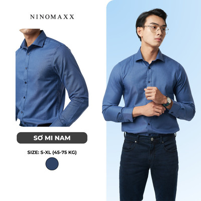 [LIVE] Áo Sơ Mi Nam Dài Tay NINOMAXX Xanh Navy Dáng Slimfit Chất Melange Cotton Chống Nhăn 2110016