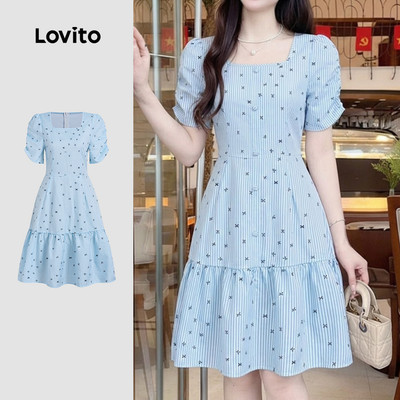 Đầm nữ Lovito xanh dương nhạt xuân hè lai bèo xếp nếp thanh lịch LK4ED1823