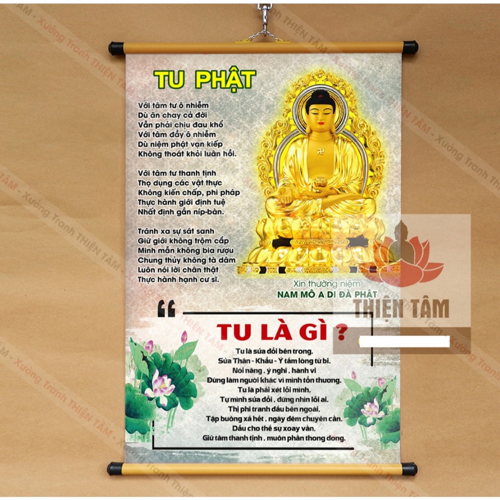Tranh chữ Tu Phật: Tu là gì? 40x60cm chất liệu vải bóng cao cấp, dày dặn Liên Châu Shop