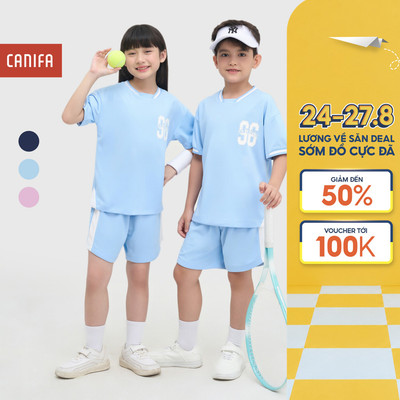Bộ quần áo active unisex trẻ em CANIFA cổ V tay ngắn phối màu có hình in dáng thể thao năng động 3ST25S003