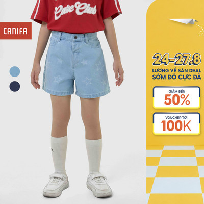 Quần short jeans bé gái CANIFA dáng ngắn ống rộng in họa tiết 1BS25C007