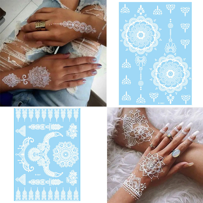 Miếng Dán Làm Đẹp Ren Trắng Hình Xăm Dán 3d Henna Cô Dâu Chống Thấm Nước Hình Xăm Dán #08