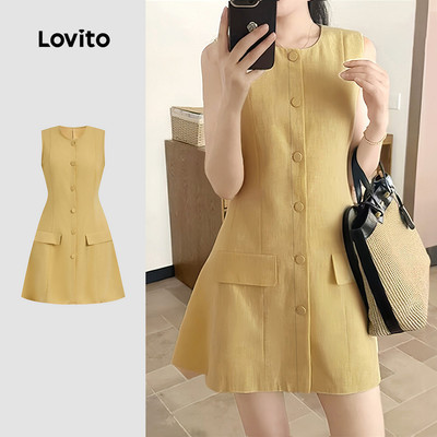 Đầm Lovito Phong cách thường ngày có nút giả túi mùa xuân/hè màu vàng nhạt cho nữ L150ED514