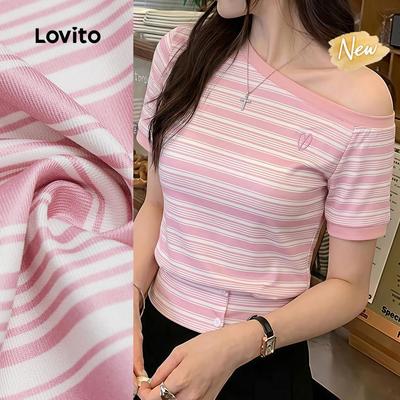 (New Arrival) Lovito Áo thun nữ màu hồng Xuân/Hè in hình trái tim bo viền tương phản phong cách thường ngày L198ED491