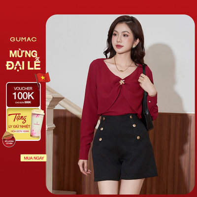 Áo Sơ Mi Nữ GUMAC Tay Dài Cổ V Bèo Đính Phụ Kiện Lụa Mát Sang Trọng AE12069