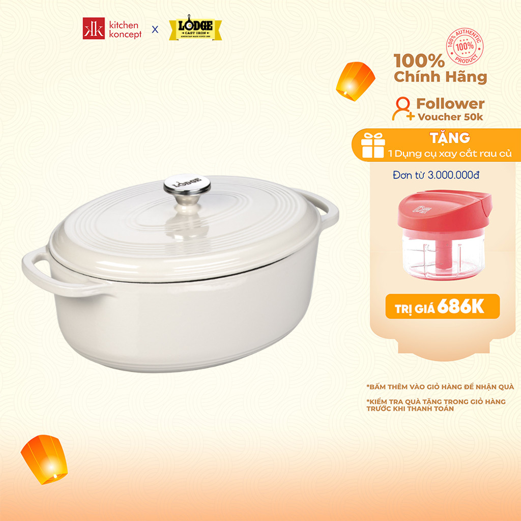 Nồi gang oval phủ men Lodge - Màu trắng 6.6L