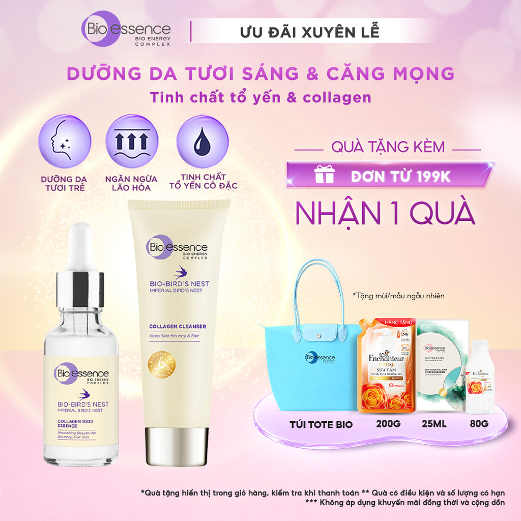 Bộ Bio-Essence Bio-Bird's Nest: Tinh chất dưỡng da Bio-Bird's Nest Collagen Essence 30ml, Sữa rửa mặ