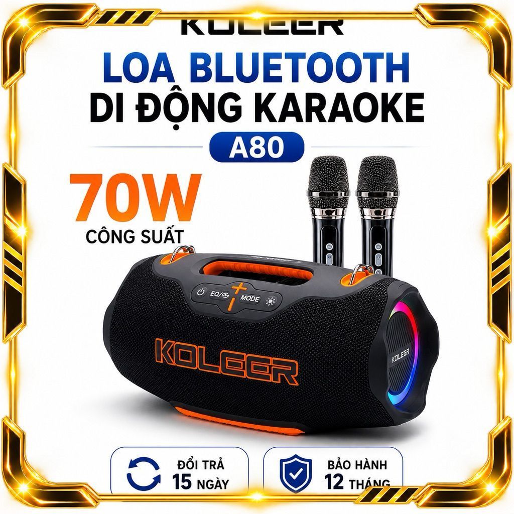 Loa Bluetooth Karaoke KOLEER A80 70W Kèm 2 Micro Không Dây | Bluetooth 5.3 | Pin 8000mAh | Đèn LED R