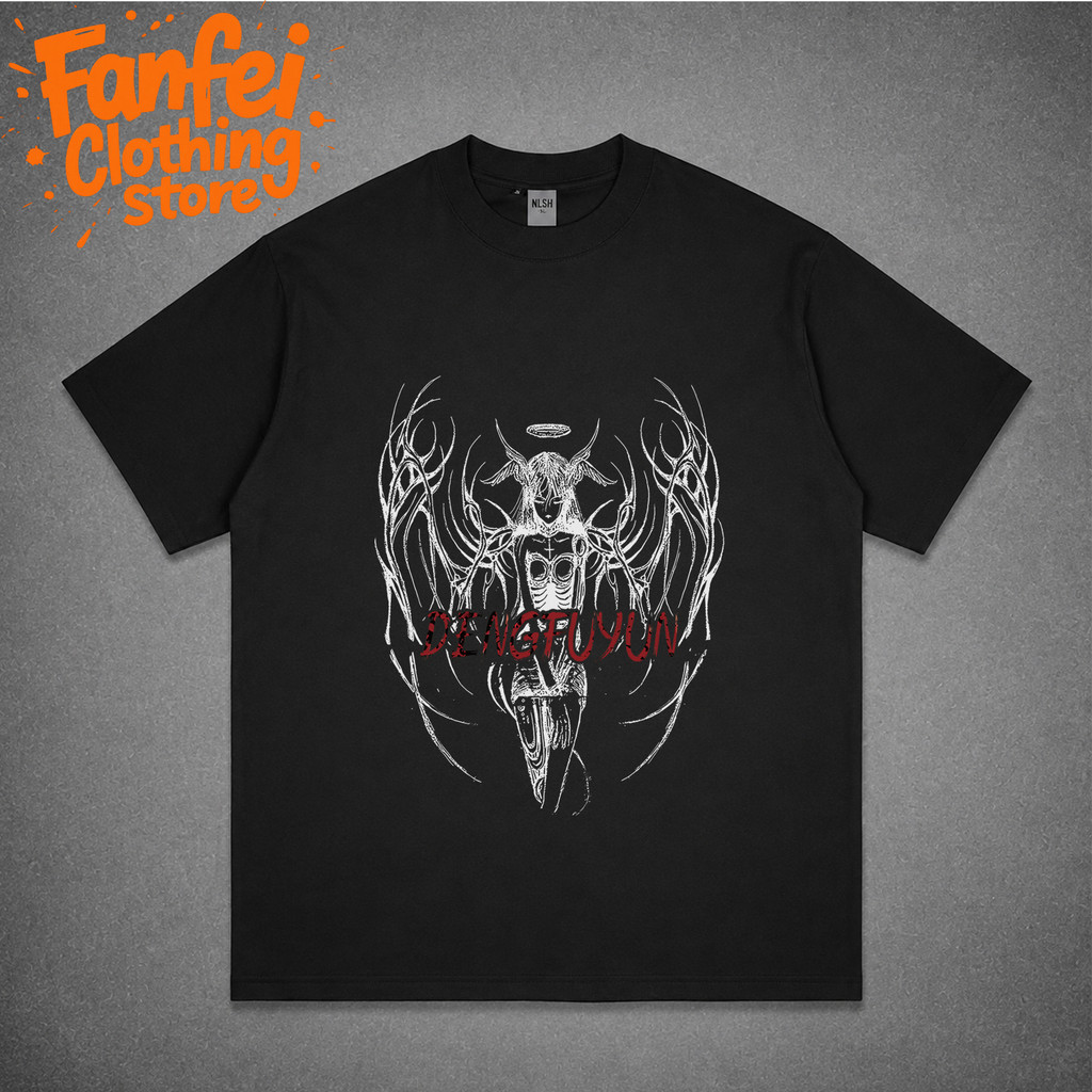 COD Fanfei Áo Thun Nam Oversize Đen In Hình Đỏ Fu Yun Demon Họa Tiết Vẽ Tay Màu Trắng Đường Phong Cá