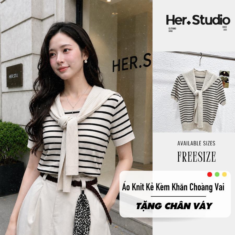 Áo Len Dệt Kim Nữ HER.STUDIO Kẻ Sọc Ngang Tay Ngắn Kèm Khăn Quàng Cổ – Áo Knit Hàn Quốc Basic Thanh 