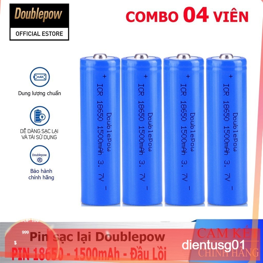 [Hộp 02 viên] Pin sạc Lithium 18650 - 1500mAh đầu lồi Doublepow, pin dung lượng thực