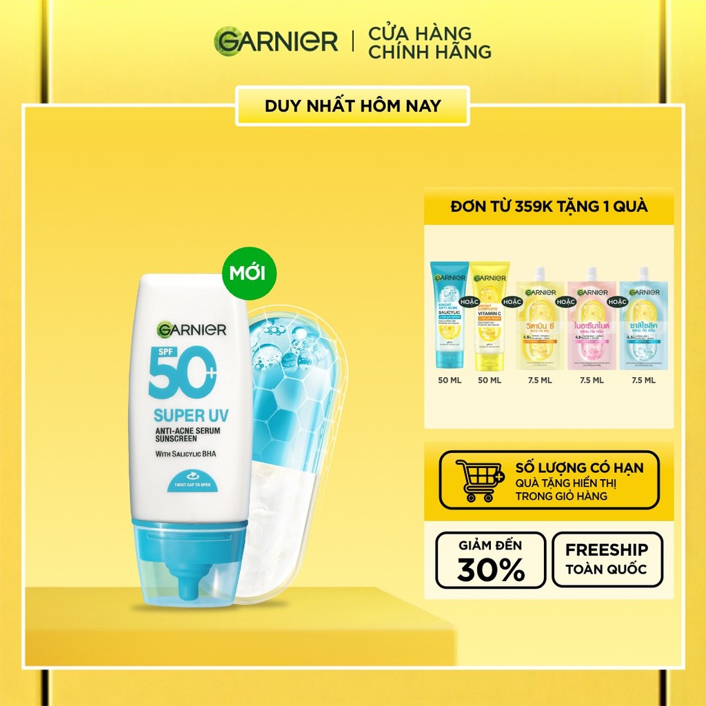 Kem Chống Nắng Garnier Phổ Rộng Kiềm Dầu Đến 12H & Hỗ Trợ Giảm Mụn Spf 50+PA++++ 30ML