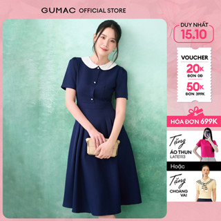 Đầm nữ A xòe xanh đen thiết kế cổ bâu trắng có túi công sở đi chơi thời trang GUMAC LDE0821