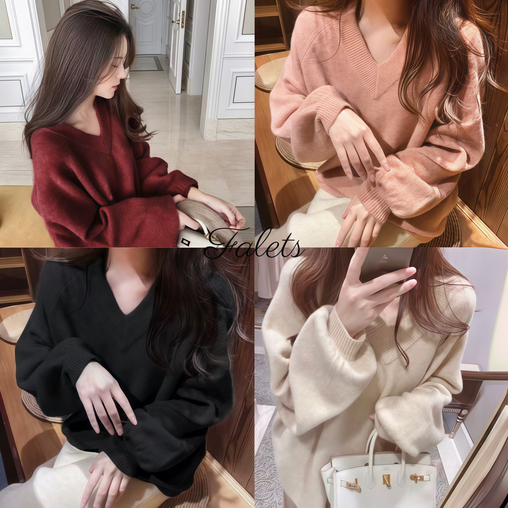 Áo len dệt kim nữ dài tay cổ chữ V màu đen thời trang thu đông | BigBuy360 - bigbuy360.vn