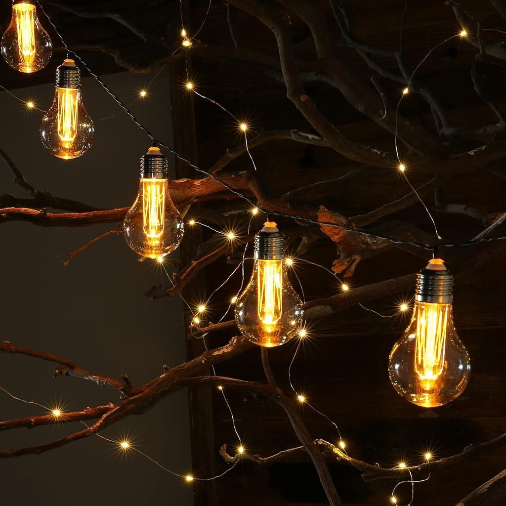 Đèn Edison chạy bằng pin Dây ngoài trời có hẹn giờ, Dây 6,56 Ft gồm 10 bóng đèn A19 Edison, Đèn dây 