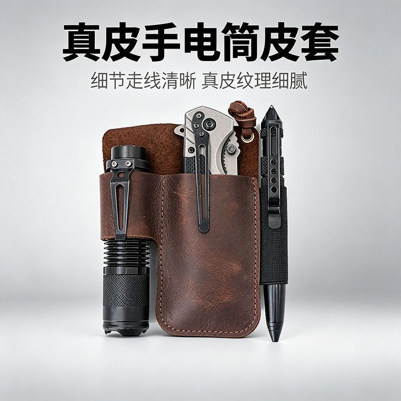 New Product#New flashlight, knife, and tool storage waist bag made of cowhide EDC Tool Bag Pen Case 