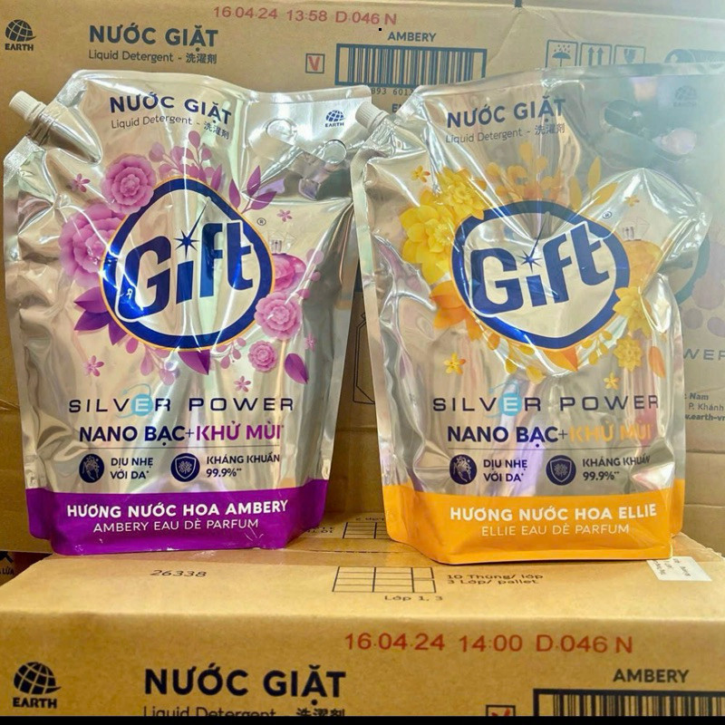 Thùng (4 túi) nước giặt Gift 3kg6 khử khuẩn 99,9% (NPP BIN BON MART)