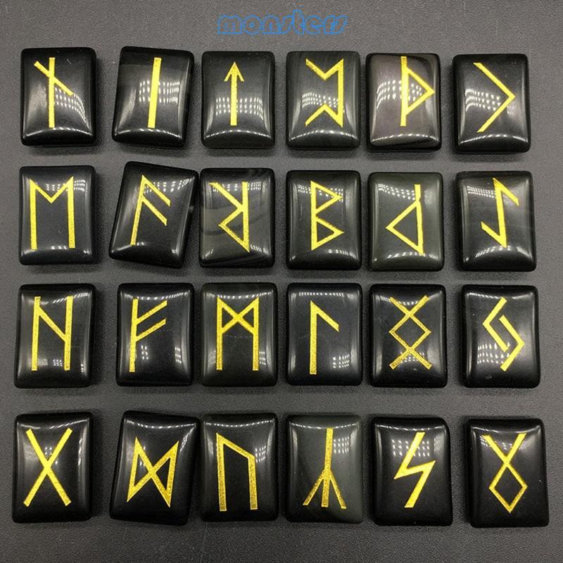 Mon Pha Lê Tự Nhiên Rune Đá Bộ Đen Obsidian Tumble Đá Viking Runes Nordicas Bùa Hộ Mệnh Bói Toán Chữ