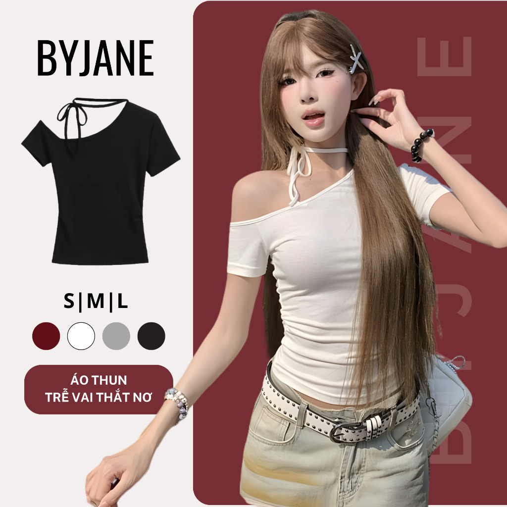 (XẢ KHO) Áo Thun Nữ Trễ Vai Kèm Dây Thắt Nơ-BYJANE-691