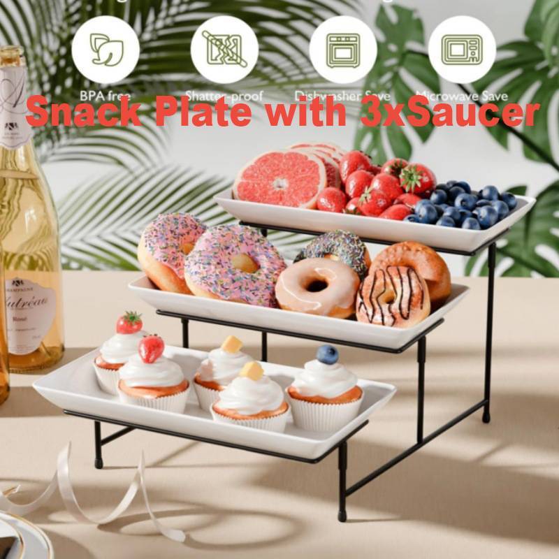 [KJ] Đĩa phục vụ hình chữ nhật 3 tầng Giá đỡ bánh trước và bánh ngọt Ba dây buộc [Mới]