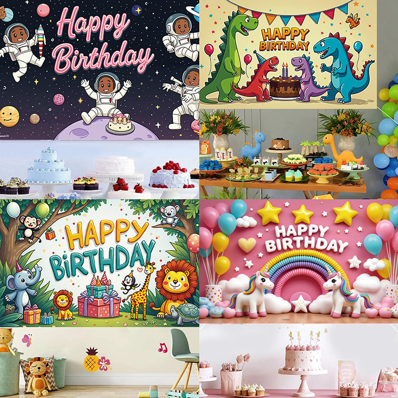 Children's birthday scene, decorative cloth, happy birthday. Boy and girl animal background banner.