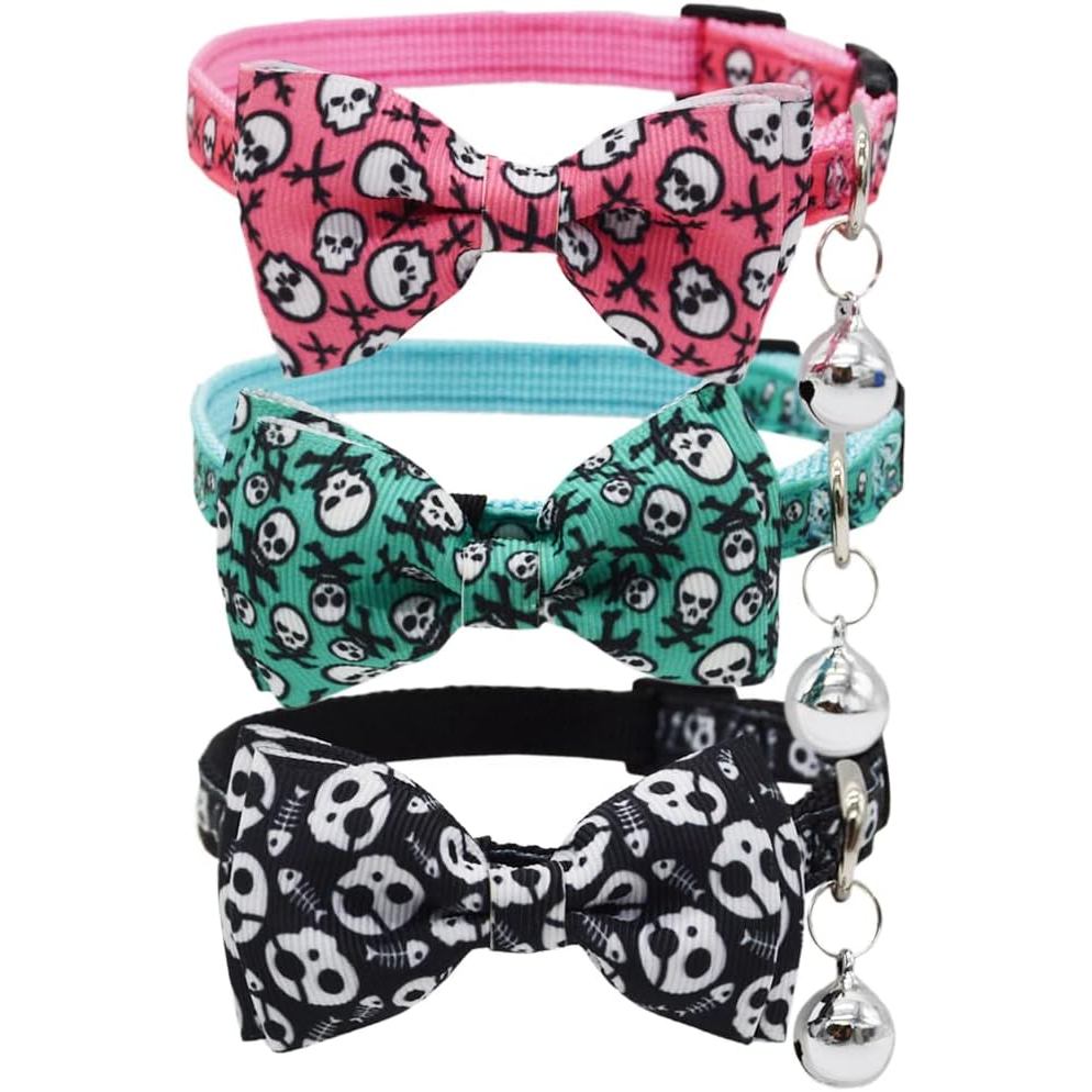 3 gói Bowtie Skull Cat Collar Có thể điều chỉnh Cổ phát hành nhanh có chuông Đen Hồng và Xanh lục