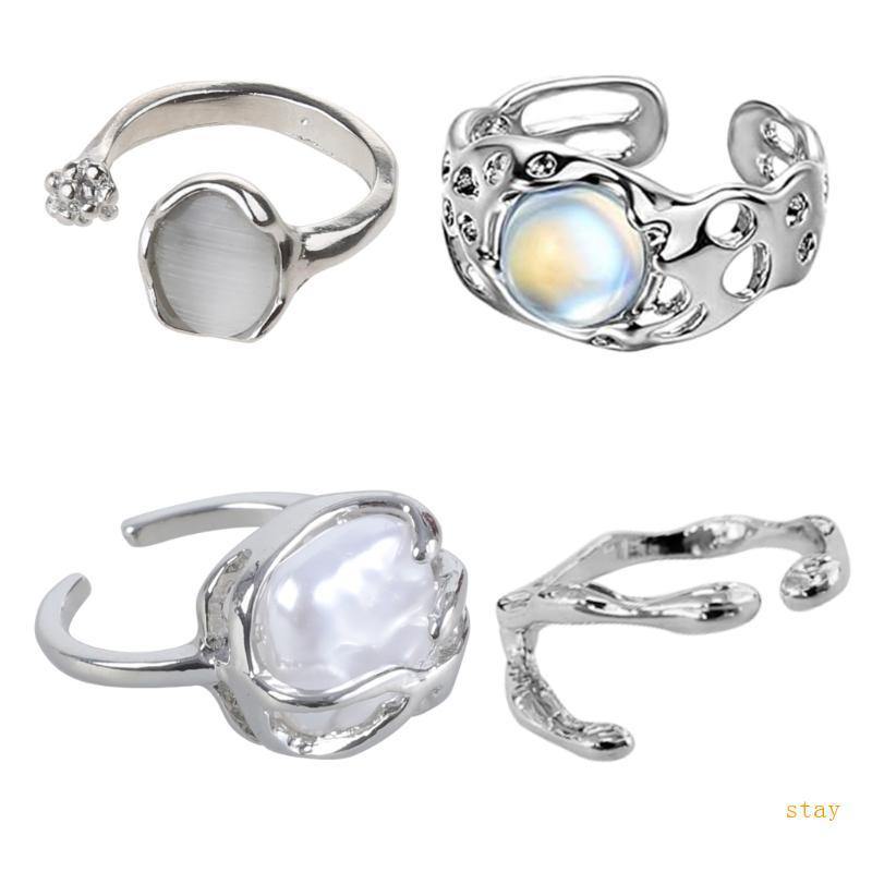 Stay Trend Vintage Opal Nhẫn Đá Tự Nhiên Không Đều Opal Thẩm Mỹ Rỗng Nhẫn