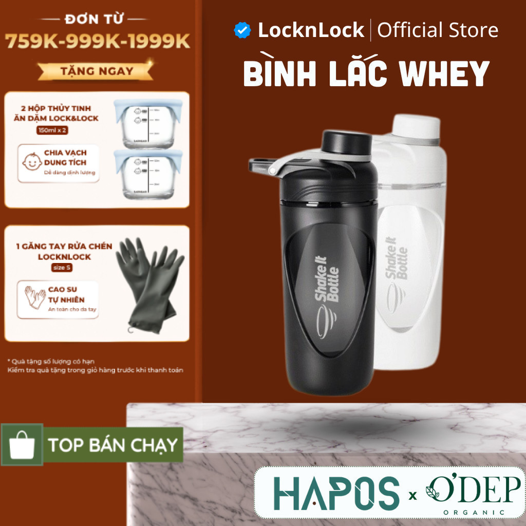 Bình lắc LocknLock shaker whey 800ml Chính hãng, tập thể thao gym Balance HAP949 có vạch chia quai xách - HAPOS LOF