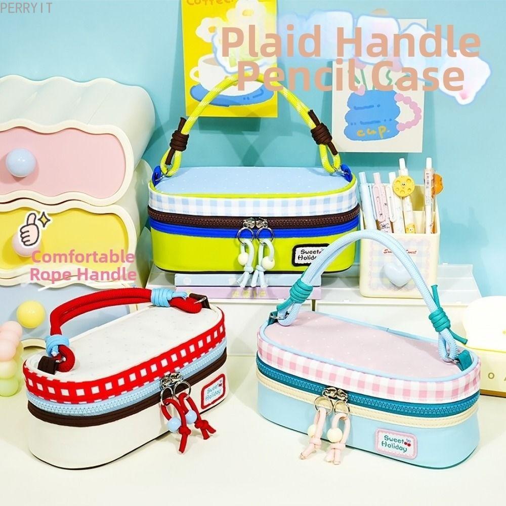 Hộp đựng bút chì ca rô PERRYIT, Túi văn phòng phẩm hoạt hình di động dung tích lớn, nhiều lớp họa ti